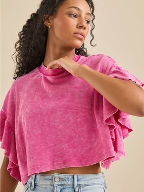 Altar'd State Pink Ruffle Sleeve Cropped Top